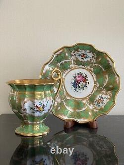 Vintage Oversized Hand Painted Green and Gold Porcelain Cup and Saucer