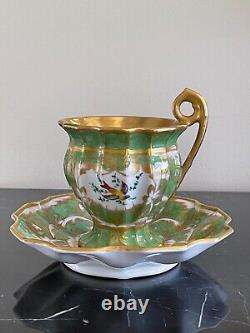 Vintage Oversized Hand Painted Green and Gold Porcelain Cup and Saucer