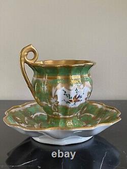 Vintage Oversized Hand Painted Green and Gold Porcelain Cup and Saucer