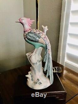 Vintage Pair (2) Antique Asian Hand Painted Famille Rose Bird Porcelain Lamps
