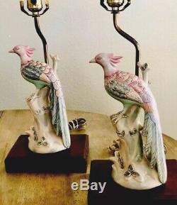 Vintage Pair (2) Antique Asian Hand Painted Famille Rose Bird Porcelain Lamps