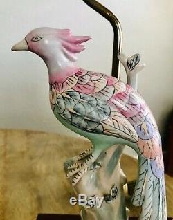 Vintage Pair (2) Antique Asian Hand Painted Famille Rose Bird Porcelain Lamps