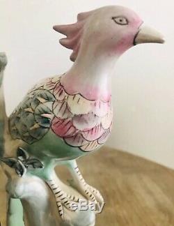 Vintage Pair (2) Antique Asian Hand Painted Famille Rose Bird Porcelain Lamps