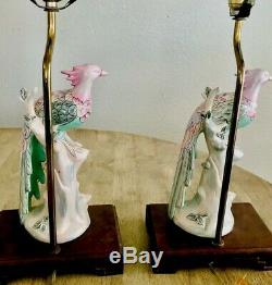 Vintage Pair (2) Antique Asian Hand Painted Famille Rose Bird Porcelain Lamps