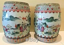 Vintage Pair Chinese Porcelain Garden Seat Stool Chinoiserie Hand Painted