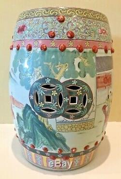 Vintage Pair Chinese Porcelain Garden Seat Stool Chinoiserie Hand Painted