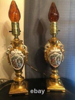 Vintage Pair Leviton Hand Painted Porcelain Gold Trim Table Lamp 12' Made in USA