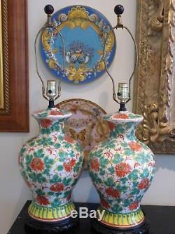 Vintage Pair Of Chinese Hand Painted Floral Designed Porcelain Table Lamps 30.5