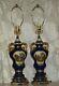 Vintage Pair Of Porcelain Hand Painted Lamps Gold Gilt Scenic Blue New Wiring