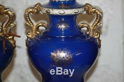 Vintage Pair of porcelain Hand Painted Lamps Gold Gilt Scenic Blue New Wiring