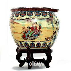 Vintage Palatial Satsuma Style Koi Fish Bowl Porcelain Planter & Rosewood Stand