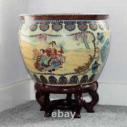 Vintage Palatial Satsuma Style Koi Fish Bowl Porcelain Planter & Rosewood Stand