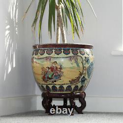 Vintage Palatial Satsuma Style Koi Fish Bowl Porcelain Planter & Rosewood Stand