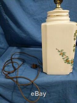 Vintage Porcelain Chinoiserie Hand Painted Table Lamps Peacocks Cream Green Blue