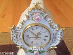 Vintage Porcelain Germany Kaiser Mantel Clock- Hand Painted with Applied Roses