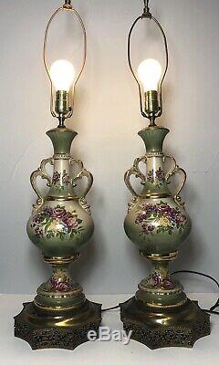 Vintage Porcelain Victorian Urn Lamps Hand Painted green gold table lamp pair