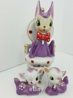 Vintage Purple Mama Doe Deer + 2 Baby Fawns Hand-Painted Porcelain Japan Tilso