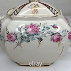 Vintage RARE Sadler Cube Teapot England Ivory Beige Gold Floral Trim Pink Roses