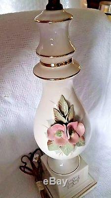 Vintage Table Lamp Floral Porcelain Applied Floral Blossom Handpainted