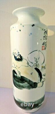 Vintage Unique Chinese Republic Tall Vase Hand painted Immortal, Original Box