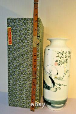 Vintage Unique Chinese Republic Tall Vase Hand painted Immortal, Original Box