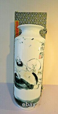 Vintage Unique Chinese Republic Tall Vase Hand painted Immortal, Original Box