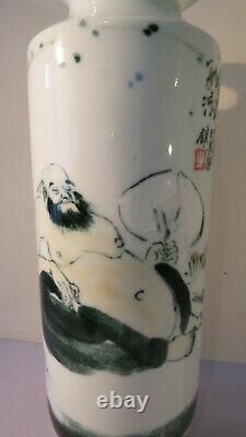 Vintage Unique Chinese Republic Tall Vase Hand painted Immortal, Original Box