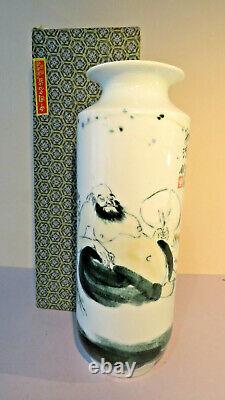 Vintage Unique Chinese Republic Tall Vase Hand painted Immortal, Original Box