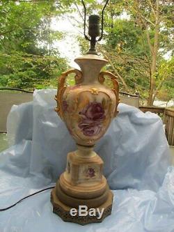 Vintage Urn Style Hand Painted Porcelain Raised Floral Table Lamp Gold Accents