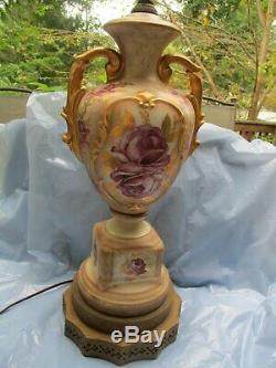 Vintage Urn Style Hand Painted Porcelain Raised Floral Table Lamp Gold Accents