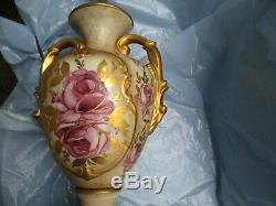 Vintage Urn Style Hand Painted Porcelain Raised Floral Table Lamp Gold Accents