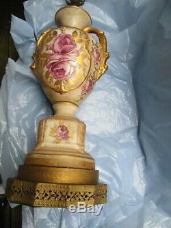 Vintage Urn Style Hand Painted Porcelain Raised Floral Table Lamp Gold Accents