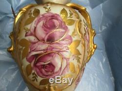 Vintage Urn Style Hand Painted Porcelain Raised Floral Table Lamp Gold Accents