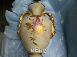 Vintage Urn Style Hand Painted Porcelain Raised Floral Table Lamp Gold Accents