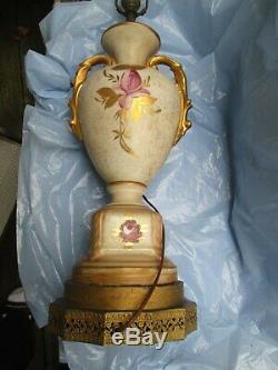 Vintage Urn Style Hand Painted Porcelain Raised Floral Table Lamp Gold Accents