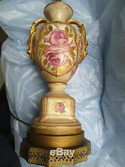 Vintage Urn Style Hand Painted Porcelain Raised Floral Table Lamp Gold Accents