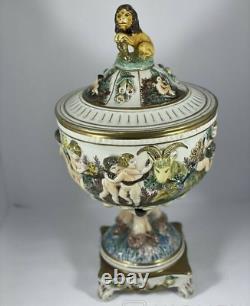Vintage Vase Capodimonte Italy Hand Painted Porcelain Lion Cherubs Satyrs 20th