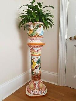 Vtg CAPODIMONTE Italy X-Large Hand Painted CHERUBS & GODS Plant Stand Planter