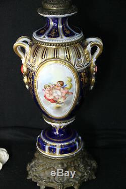 XXL 35 Vieux paris porcelain 1880 Petrol oil lamp Putti cherubs hand paint