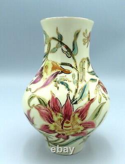 Zsolnay Porcelain Vase Hand Painted Bulbous body Orchids 9566 Hungarian Art